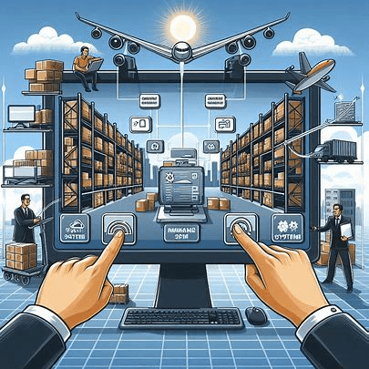 high-tech warehouse management interface on a large screen, with a person interacting via touchscreen controls, surrounded by warehouse operations, aircraft, and logistics personnel.
