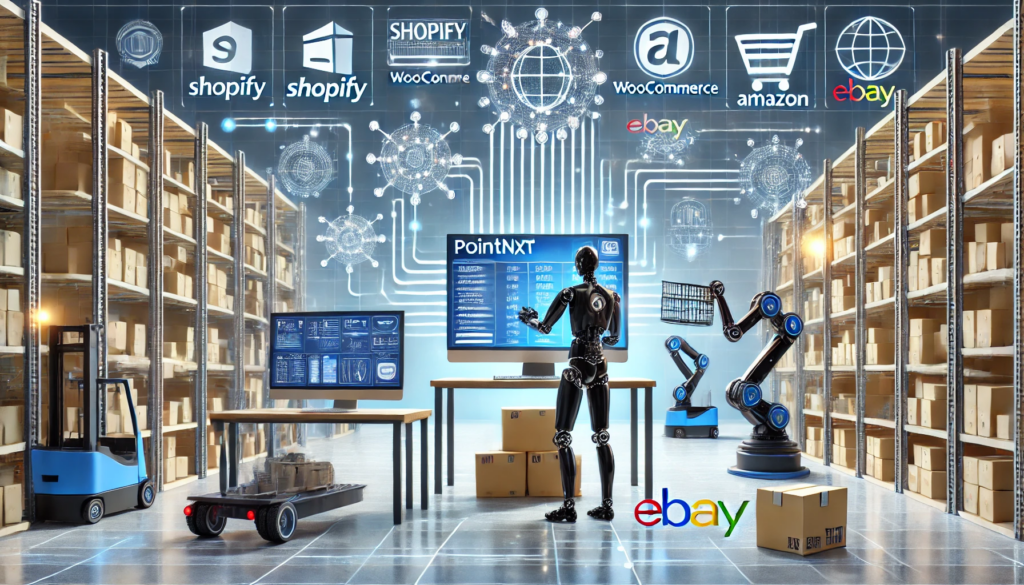 Modern e-commerce warehouse with inventory sync icons for Shopify, WooCommerce, Amazon, eBay, and 'POINTNXT' prominently displayed.