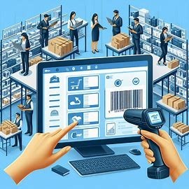 Hands using a barcode scanner and computer for inventory management in a warehouse.