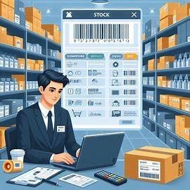 Man using a laptop for stock inventory management in a warehouse.
